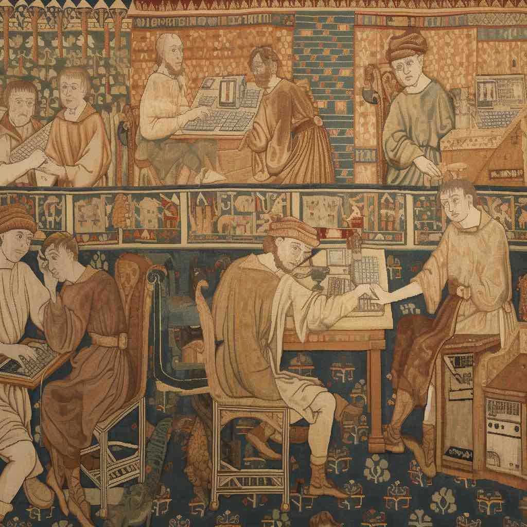 A tapestry showing olde worlde people using computers
